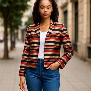 𝅺ann May Vintage Striped Lined Open Front Blazer Jacket Medium 100% Woven Silk